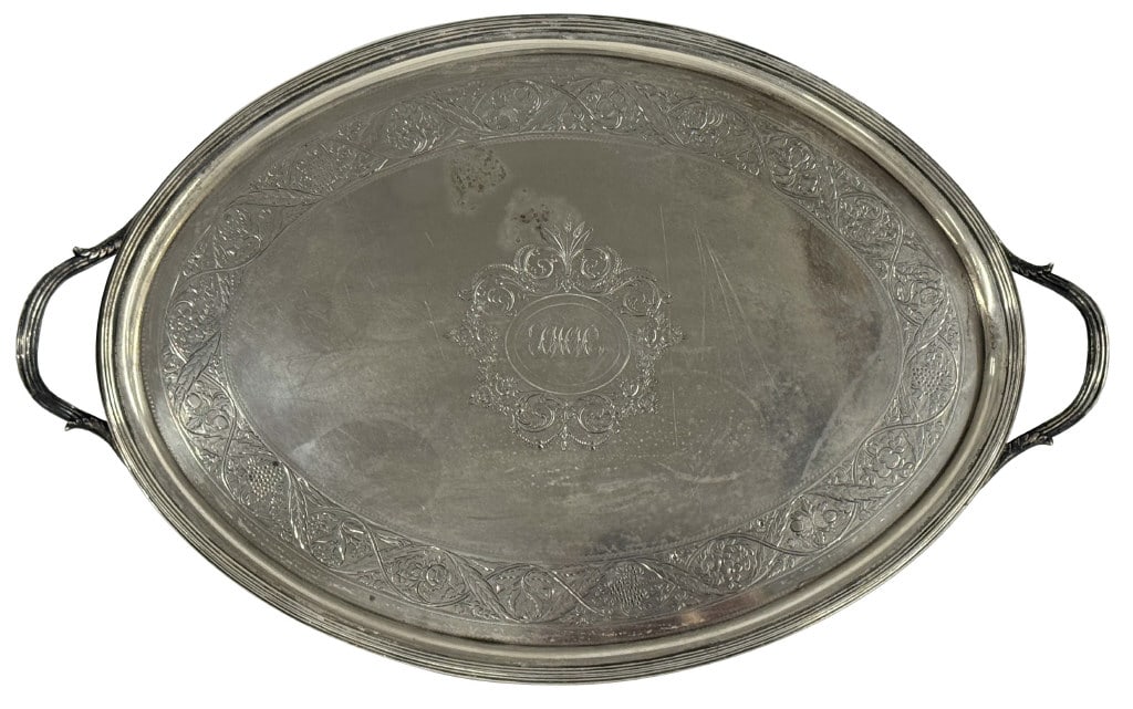 ENGLISH STERLING SILVER TWO HANDLED TRAY 19 1/2' LONG APPROX. 47 TROY OZ (1 of 5)