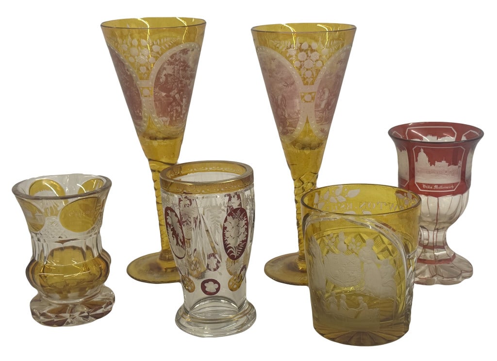 6 PIECES OF BOHEMIAN GLASS INC. PAIR OF 9.25" TALL WINE GLASSES, BEAKERS AND GOBLETS (1 of 12)
