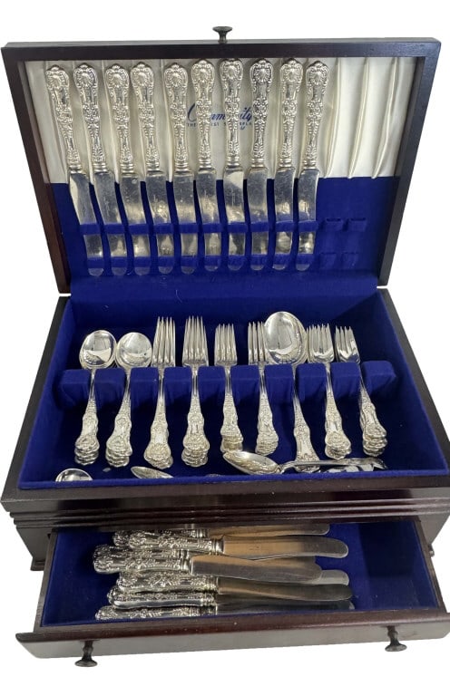 TIFFANY STERLING SILVER FLATWARE, ENGLISH KING PATTERN, 67 PCS. 10 DINNER & 10 LUNCHEON KNIVES, 11 (1 of 4)