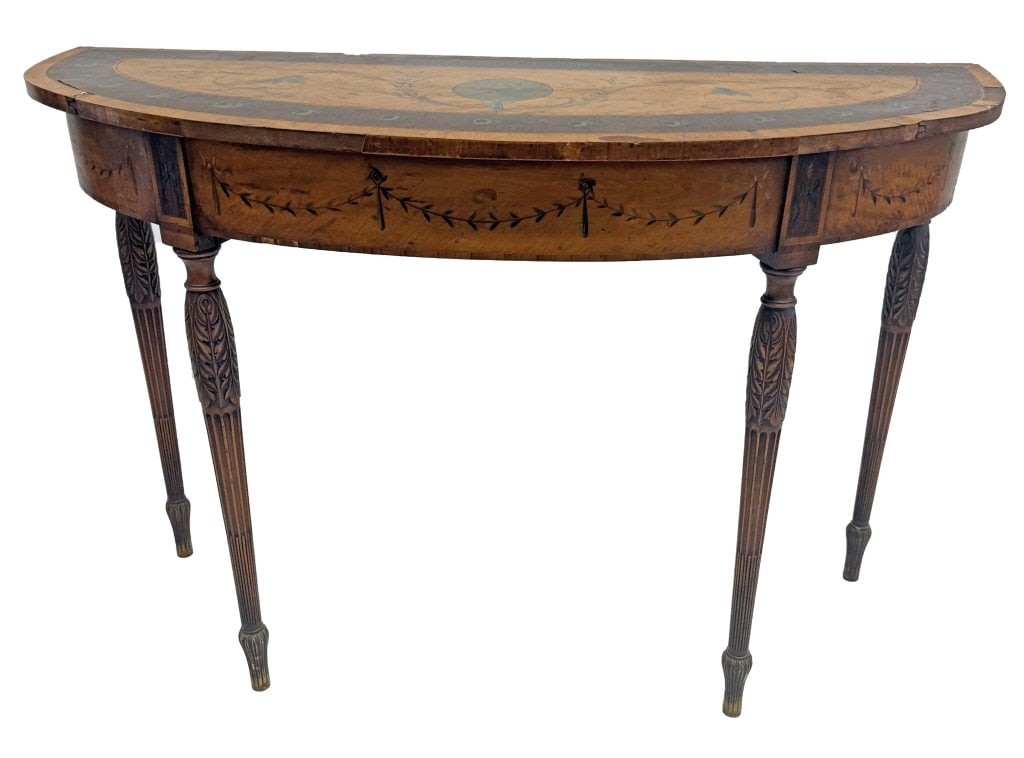 SATINWOOD DEMILUNE TABLE W/ BANDING & PAINT DECORATION, VENEER LOSSES 32" X 49" X 20" (1 of 6)