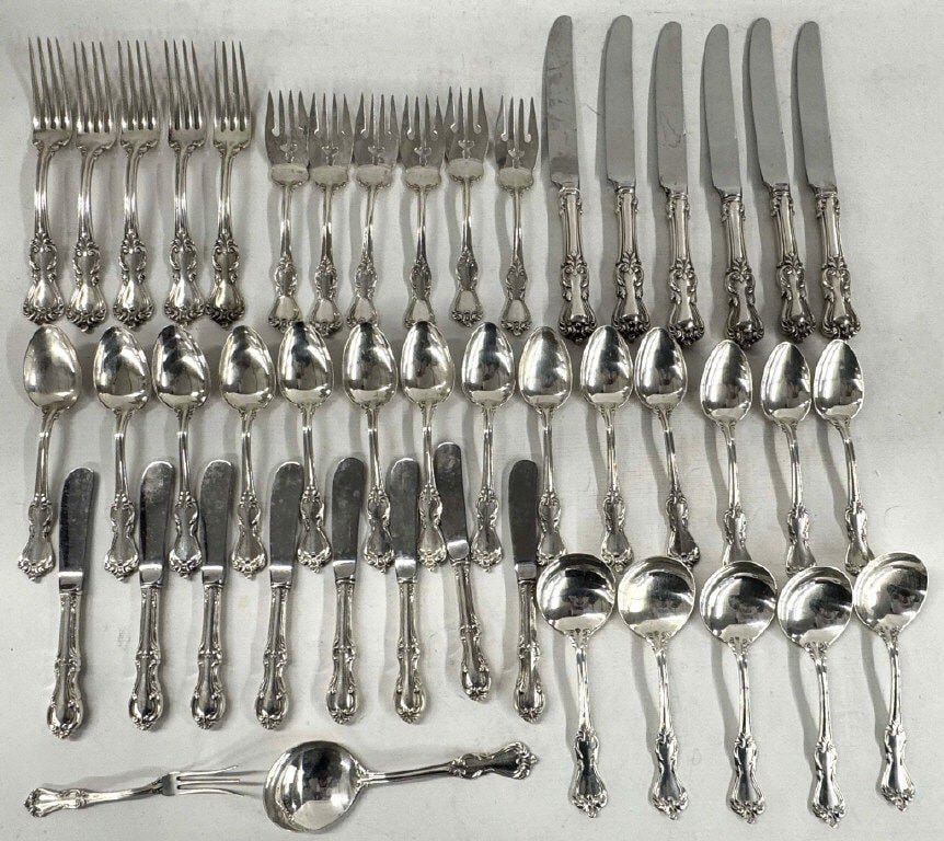 STERLING SILVER FLATWARE BY REED & BARTON, MARLBORO PATTERN 5 DINNER FORKS, 6 DESSERT FORKS, 6 (1 of 2)