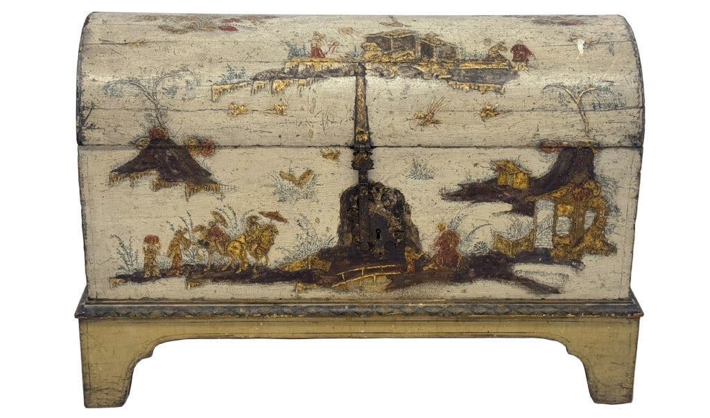 DOME TOP CHINOISERIE DECORATED TRUNK ON APPLIED BRACKET BASE W/ EARLY IRON WORK 24" x 35" x 16 1/2" (1 of 10)