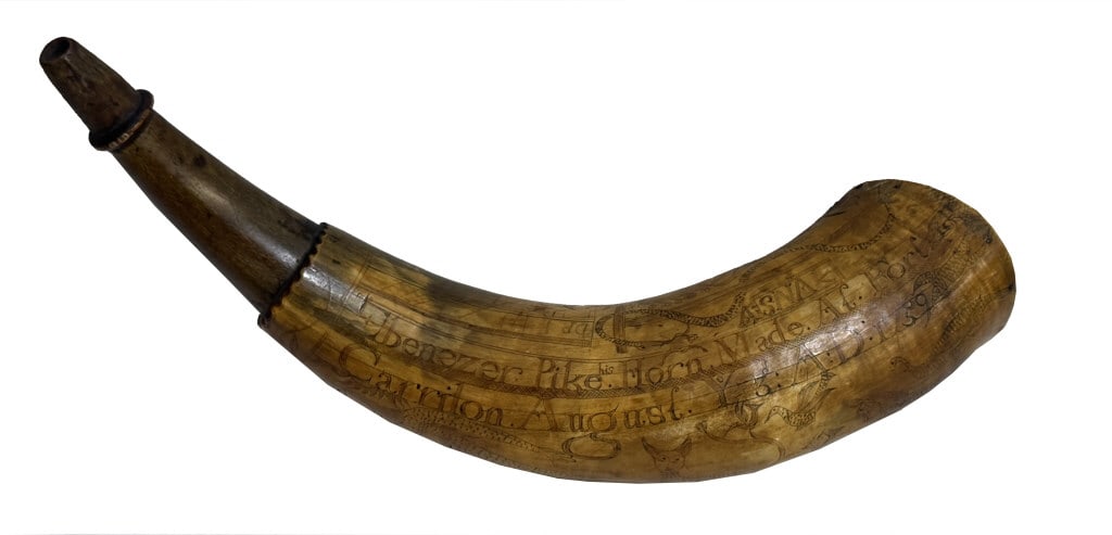 1759 POWDER HORN "EBENEZER PIKE" W/ MERMAID, DEER, SPOTTED CAT& FORT 13" LONG (1 of 9)
