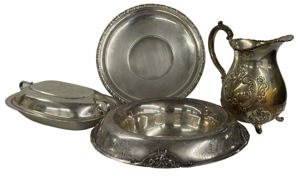 4 STERLING SILVER TABLE PIECES: PITCHER, COVERED VEG., CENTERPIECE & TRAY APPROX. 79.4 TROY OZ (1 of 12)