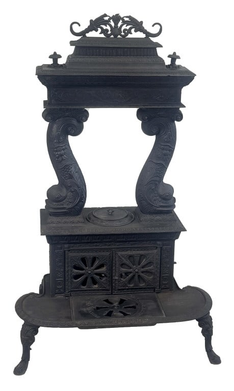 JOHNSON GEER & COX DOUBLE COLUMN PARLOR STOVE WITH DOLPHIN COLUMNS, TROY NY 52" X 31 1/2" X 19": JOHNSON GEER & COX DOUBLE COLUMN PARLOR STOVE WITH DOLPHIN COLUMNS, TROY NY 52" X 31 1/2" X 19"