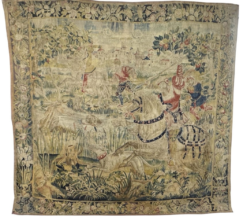 EARLY TAPESTRY OF HUNT SCENE, HUNTER ON HORSEBACK WITH HOUNDS & STAG 106" X 112" (1 of 6)