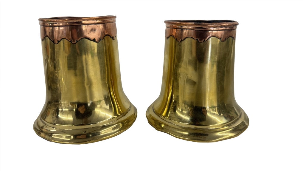 PR OF EARLY BRASS SPILL VASES WITH COPPER TRIM 4 1/2" TALL (1 of 3)