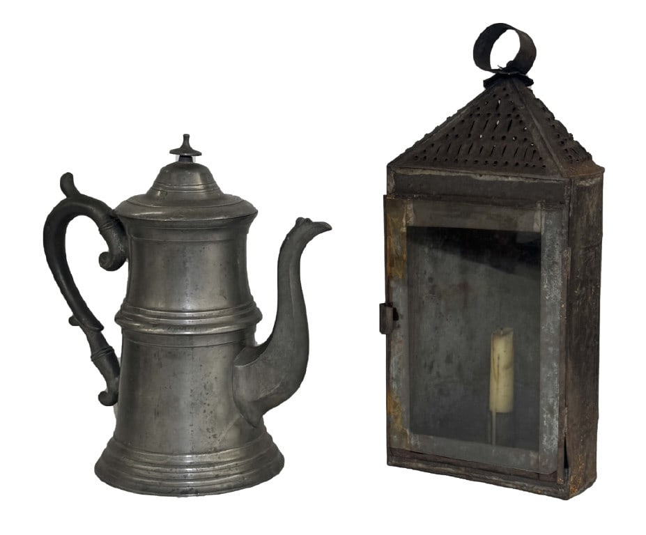 AMERICAN 19THC. PEWTER COFFEE POT & TIN & GLASS CANDLE LANTERN, LANTERN 14 3/4" & COFFEE POT 12" (1 of 8)