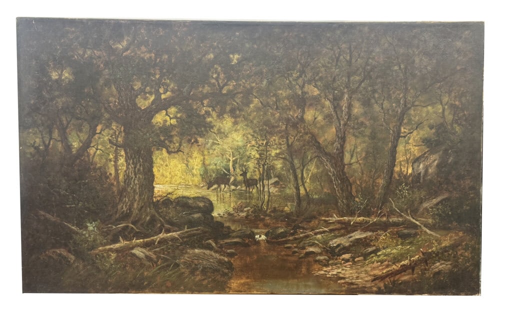 OIL / CANVAS SGND F. WALLER "THE WOODLAND STREAM" PROVENANCE PHILLIPS (FRANK WALLER 1842- 1923) 30" (1 of 7)