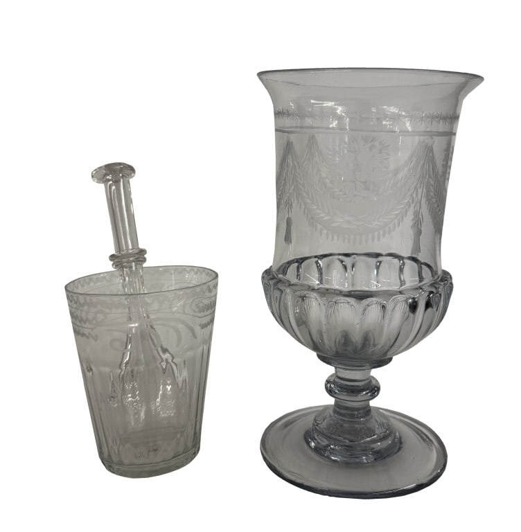 EARLY GLASS INC. BLOWN TODDY LIFTER, FLIP GLASS, 8 1/2" CELERY VASE BY BAKEWELL, PAGE & BAKEWELL, (1 of 9)