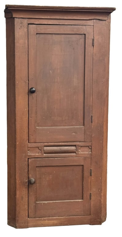 DOOR OVER DOOR AMERICAN CORNER CUPBOARD IN ORIGINAL RED PAINT 80" X 24" DEEP X 40" WIDE, 27" CORNER (1 of 6)