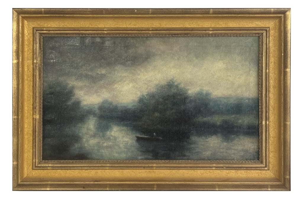 OIL / CANVAS "TONALIST RIVER SCENE" SIGNED LOWER LEFT, INDISTINCTLY 12" X 20" (1 of 4)