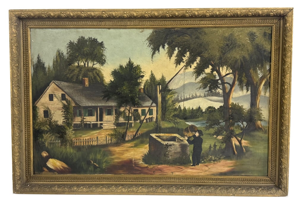 OIL / CANVAS AMERICAN SCHOOL PRIMITIVE , UNSIGNED "THE OLD OAKEN BUCKET" 20" X 32" (1 of 4)