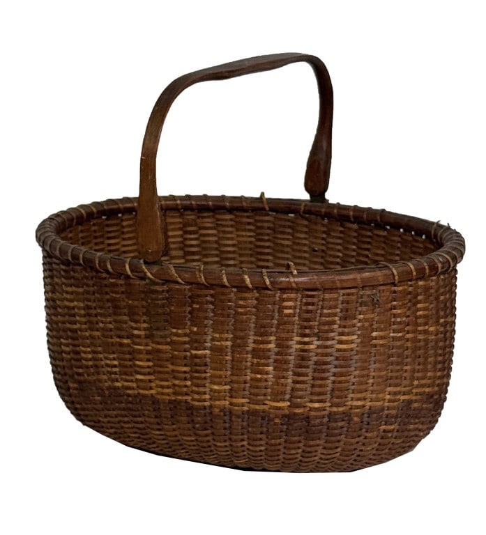 MITCHELL RAY LABELED NANTUCKET LIGHTSHIP BASKET C. 1920 (TOP WRAP SHOWS LOSSES) 11" X 13" X 10 1/2" (1 of 5)