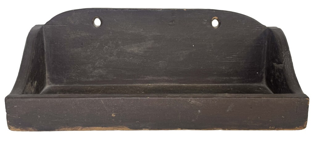DOVETAILED 19THC. HANGING WALL BOX IN ORIGINAL SPANISH BROWN PAINT 5 1/2" X 15" X 6 1/2" (1 of 5)
