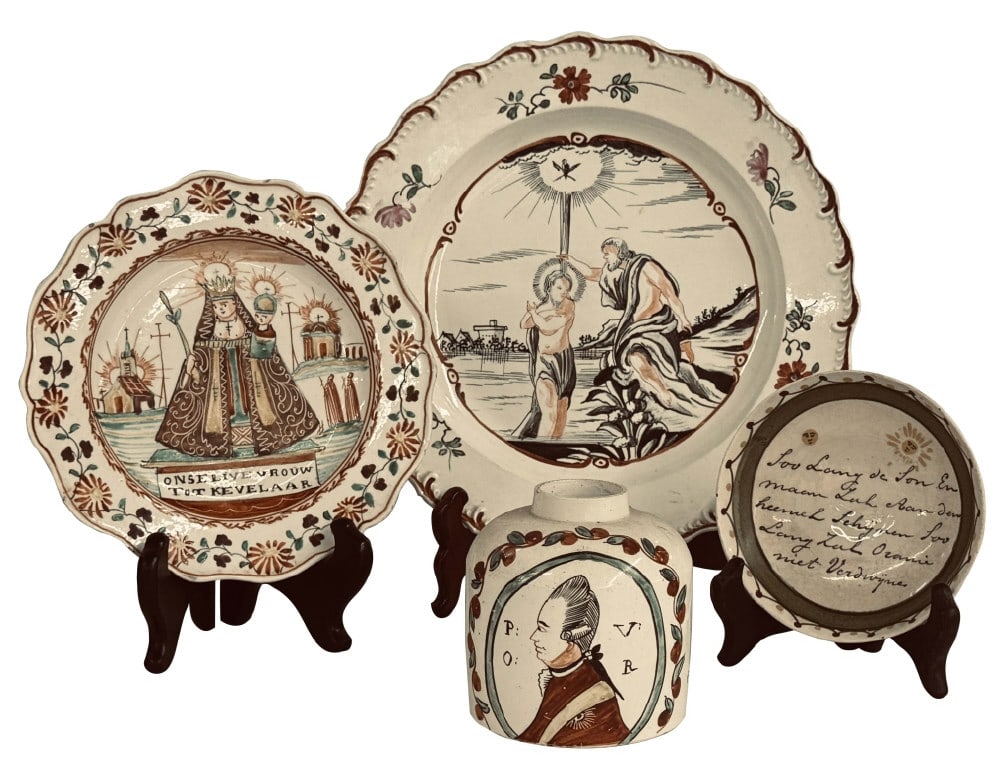 4 PCS. CREAMWARE INC. BAPTISM OF CHRIST PLATE, LADY OF KAVELAER, PRINCE WILLIAM OF ORANGE & ORANGIST: 4 PCS. CREAMWARE INC. BAPTISM OF CHRIST PLATE, LADY OF KAVELAER, PRINCE WILLIAM OF ORANGE & ORANGIST DISH