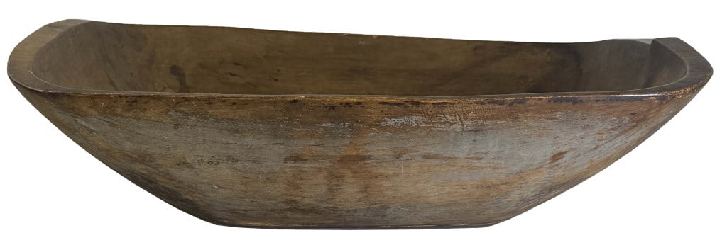 MAPLE TRENCHER W/ CARVED HANDLES & TRACES OF PAINT (STABLE SPLIT) 6" X 22 1/2" X 17 1/4" (1 of 8)