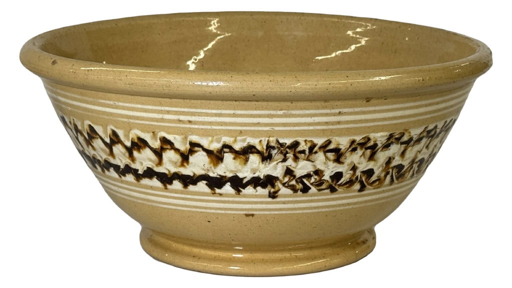 LG. YELLOW WARE BOWL W/ "BARBED WIRE" BANDING 13 3/4" DIAM (1 of 5)