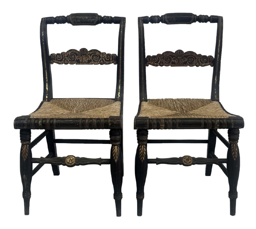 PR OF GILT STENCIL DECORATED TURTLE BACK FANCY CHAIRS, AMERICAN C. 1830 32" X 17 1/2' X 18 1/2" W/ (1 of 5)