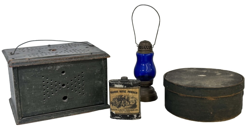 BLUE SKATERS LAMP, PANTRY BOX W/ GUN POWDER TIN & GREEN FOOT WARMER W/ "H. T. DEWEY" STENCIL 6 1/2': BLUE SKATERS LAMP, PANTRY BOX W/ GUN POWDER TIN & GREEN FOOT WARMER W/ "H. T. DEWEY" STENCIL 6 1/2' X 10" X 7 1/2"
