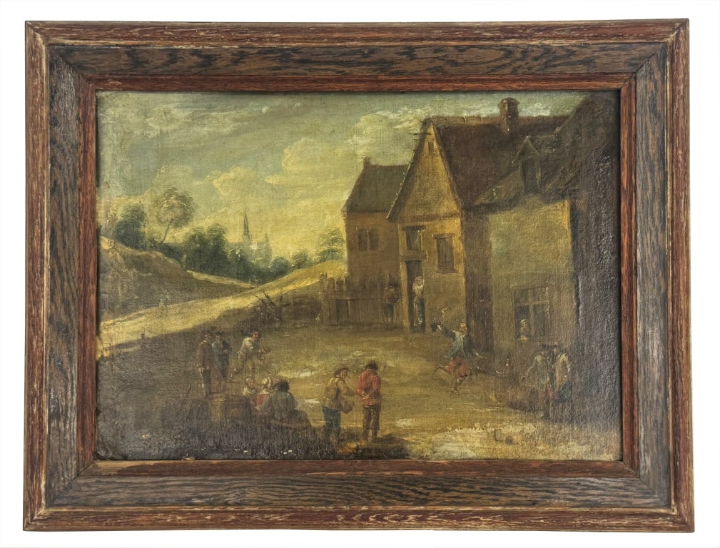 OIL / CANVAS IN THE MANNER OF DAVID TENIERS THE YOUNGER, VILLAGE SCENE W/ PEASANTS & TAVERN 15" X (1 of 6)