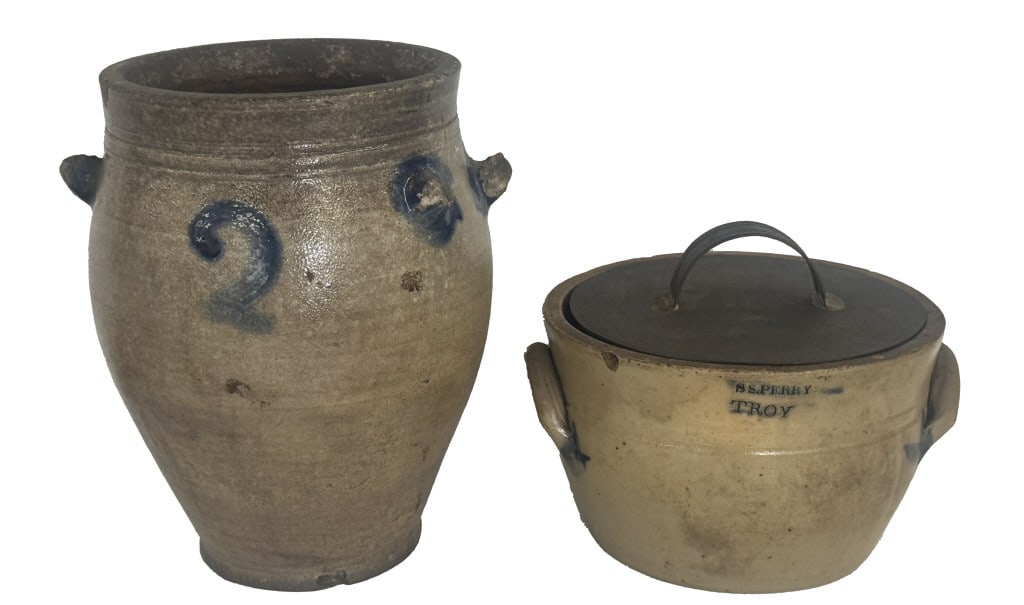 2 SALT GLAZED STONEWARE CROCKS, 1 MARKED SS PERRY TROY, 1 W/ HANDLES MISSING 1- 12" & 1- 6" TALL: 2 SALT GLAZED STONEWARE CROCKS, 1 MARKED SS PERRY TROY, 1 W/ HANDLES MISSING 1- 12" & 1- 6" TALL