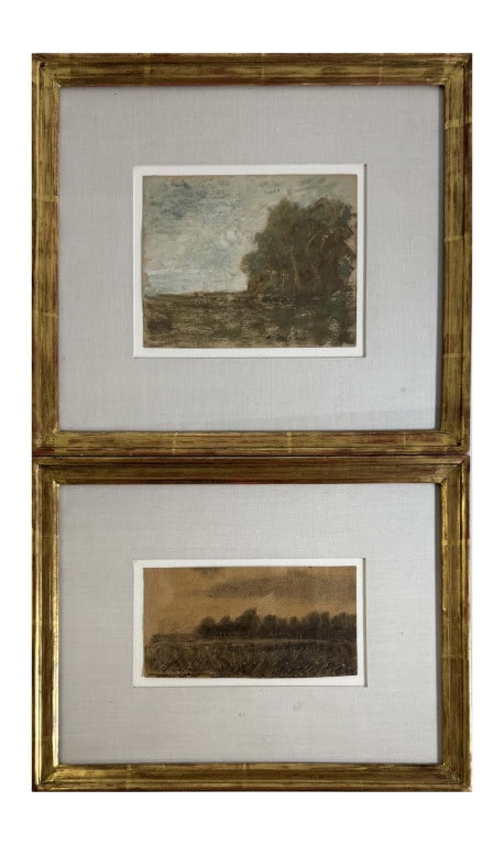 2 FRAMED LANDSCAPES, GOUACHE ON PAPER, UNSIGNED PAINTING SIZE: 6" X 3" & 4 1/2" X 5 7/8" (1 of 3)