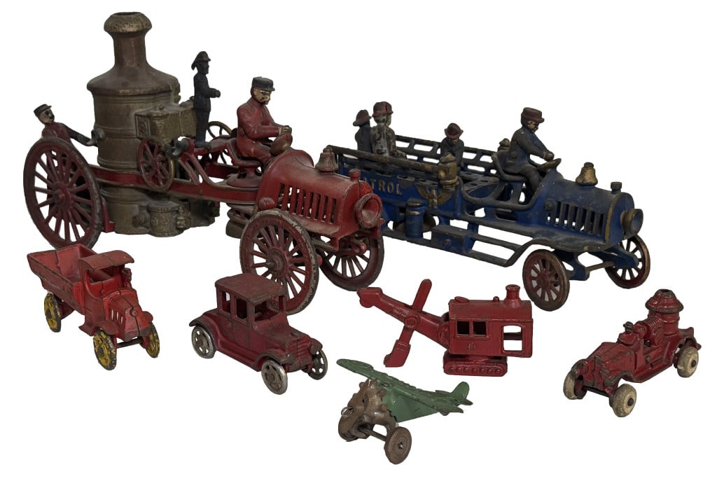 7 CAST IRON TOYS INC. FIRE TRUCK, PATROL WAGON, LINDY AIRPLANE, ETC. (1 of 11)