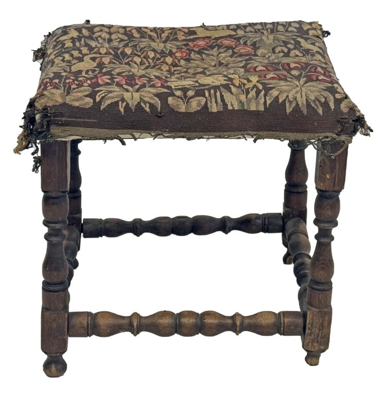 TURNED STOOL WITH OLD NEEDLEPOINT UPHOLSTERY 18" X 19" X 17" (1 of 6)