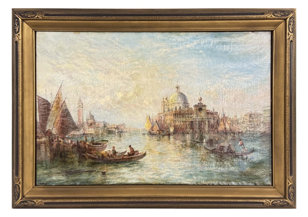 OIL / CANVAS ALFRED POLLENTINE "VENICE DOGANA PALACE & GRAND CANAL" (1836- 1890) 20" X 30" (1 of 7)