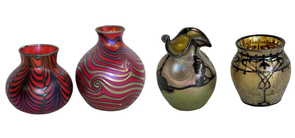 2 CHARLES LOTTON SIGNED ART GLASS VASES & 2 LOETZ VASES WITH SILVER OVERLAY (1 of 8)
