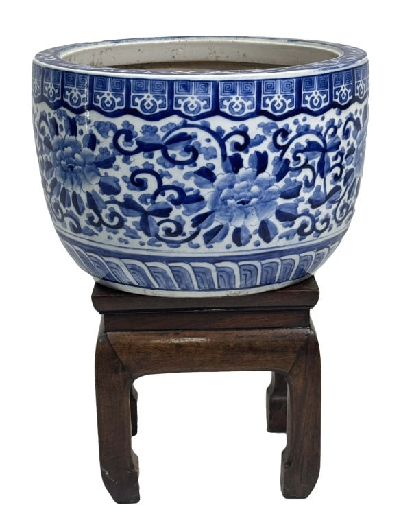 CHINESE BLUE & WHITE JARDINIERE,18" X 12" W/ STAND (1 of 5)
