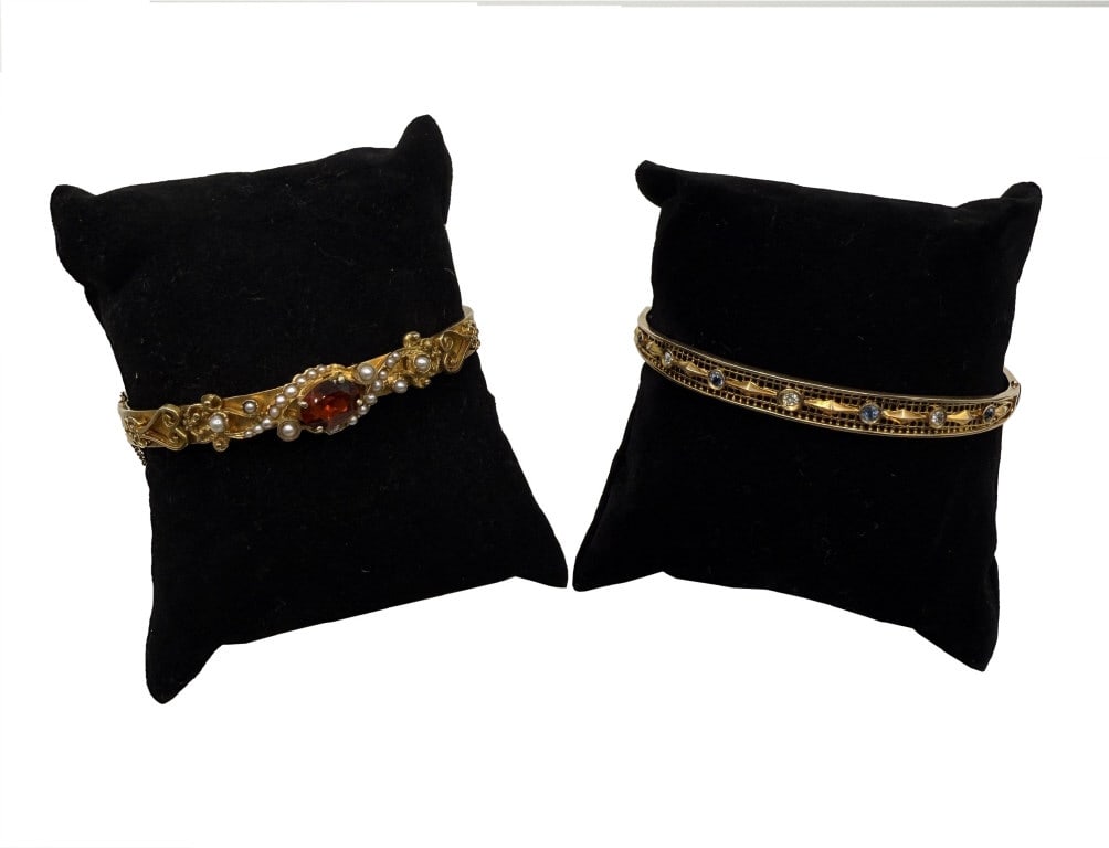 2 BANGLE BRACELETS, 1- 14KT W/ STONE & PEARLS & 1- 10KT W/ BLUE STONES & DIAMS. 14K-7.7 DWT &: 2 BANGLE BRACELETS, 1- 14KT W/ STONE & PEARLS & 1- 10KT W/ BLUE STONES & DIAMS. 14K-7.7 DWT & 10K-4.6 DWT