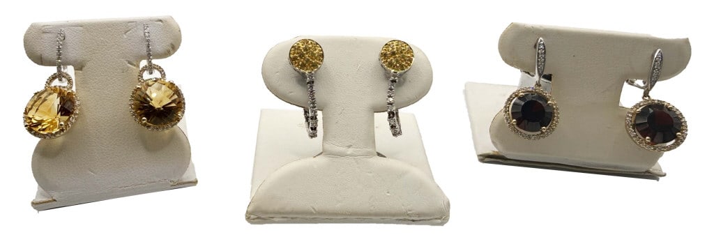3 PR 14KT GOLD EARRINGS W/ DIAMONDS, 1 GARNET, 1 CITRINE & 1 YELLOW STONES APPROX. 11.0 DWT (1 of 9)