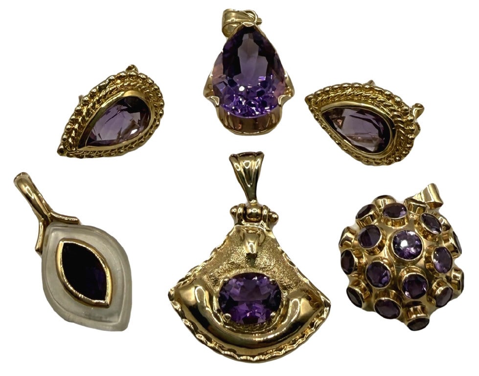 4 - 14KT GOLD & AMETHYST CHARMS & 1 PR OF 14 KT GOLD LEVER BACK EARRINGS, APPROX. 11.2 DWT (1 of 7)