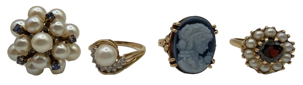 4- 14KT GOLD RINGS, 3 WITH PEARLS & 1 CAMEO APPROX. 13.6 DWT (1 of 5)