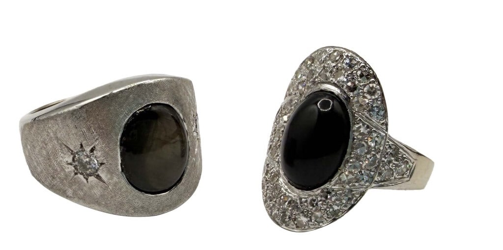 HIS & HERS RINGS , 14KT DIAMOND & ONYX LADIES RING SIZE 6 & 14 KT BLACK SAPPHIRE & DIAM. MENS RING (1 of 7)