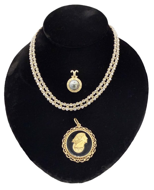 14K 16"-18" PRINCESS NECKLACE, 18KT CAMEO PENDANT & 14KT PENDANT W/ BLACK PEARL 14KT= 21.4 & 18KT= (1 of 7)