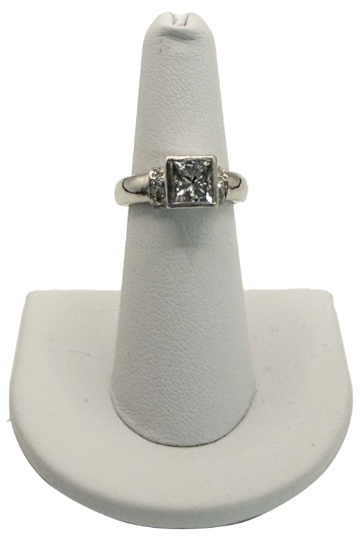 PRINCESS CUT 1.78 DIAMOND SET IN A WIDE PLATINUM BAND W/ SIDE DIAMS. 5 3/4 RING SIZE APPROX, 8.0 DWT: PRINCESS CUT 1.78 DIAMOND SET IN A WIDE PLATINUM BAND W/ SIDE DIAMS. 5 3/4 RING SIZE APPROX, 8.0 DWT