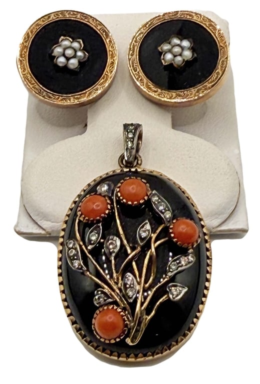 18KT GOLD, DIAMOND & CORAL PENDANT & PR OF 14KT GOLD, SEED PEARL & ONYX EARRINGS APPROX. 15.5 DWT (1 of 9)