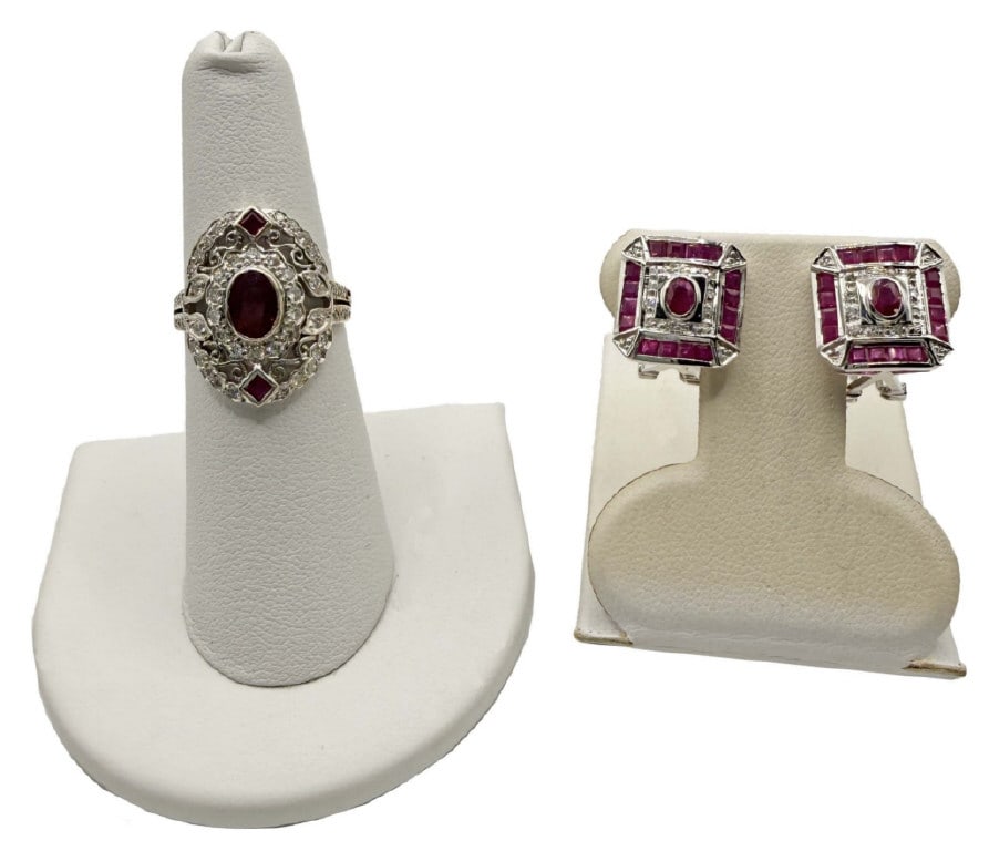 18KT GOLD, DIAMOND & RUBY RING & PR OF 14KT GOLD DIAMOND & RUBY EARRINGS, 18KT + 2.4 DWT & 14KT + (1 of 9)