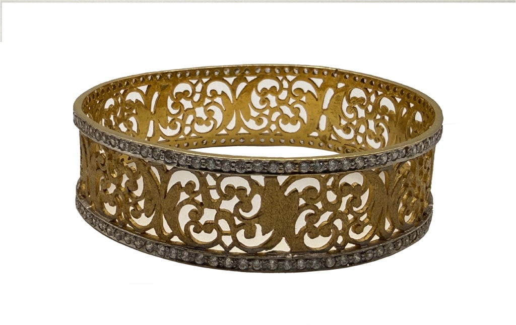21 KT GOLD FILIGREE BANGLE BRACELET W/ WHITE SAPPHIRES 8" 24.5 DWT (1 of 5)
