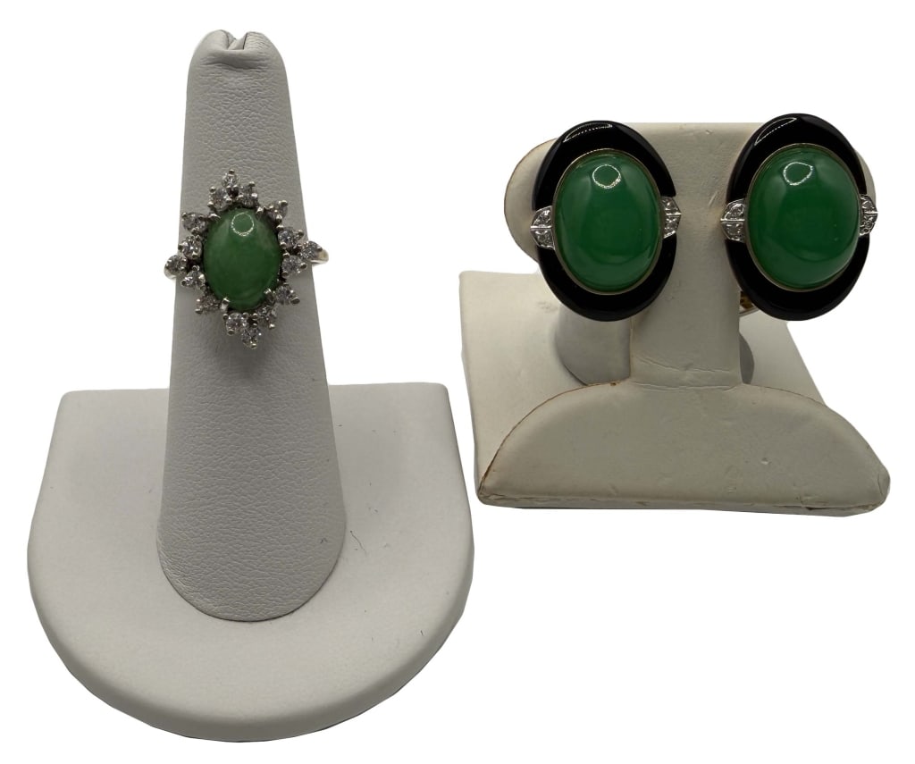 14 KT GOLD, JADE & DIAMOND RING & PR OF 14KT JADE EARRINGS 7 3/4 RING SIZE APPROX. 9.1 DWT (1 of 7)