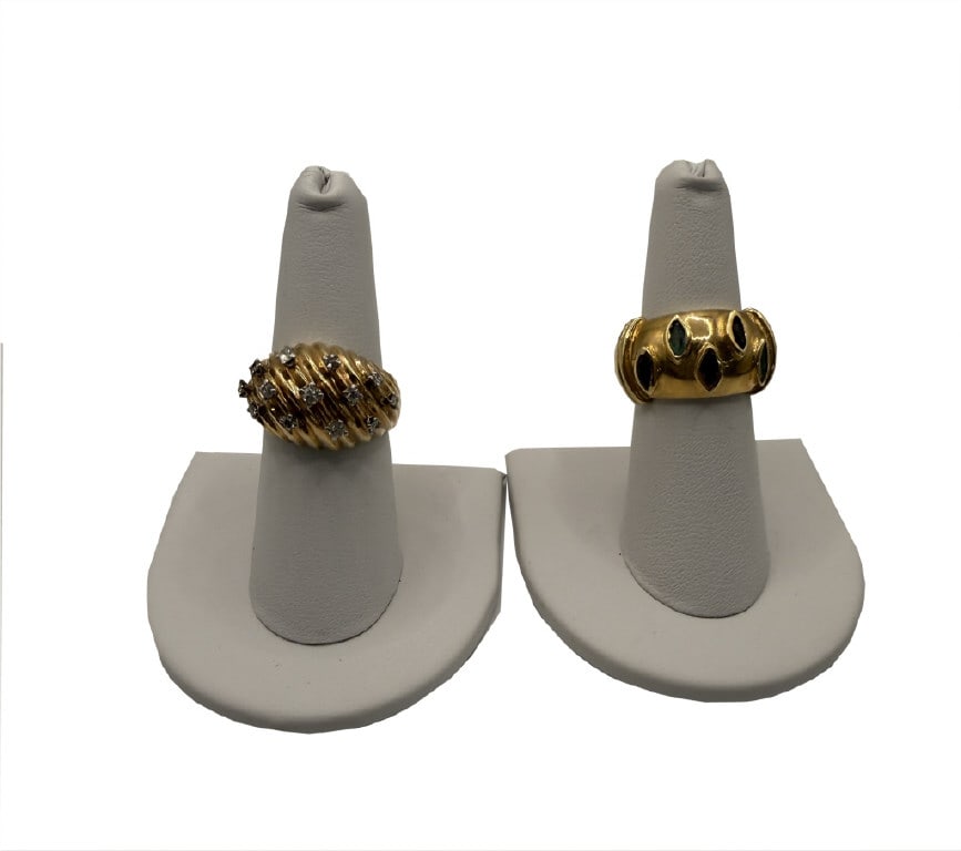 2- 14KT GOLD FASHION RINGS, 1 W/ DIAMONDS & 1 W/ COLORED STONES APPROX. 14.4 DWT RING SIZES 6 3/4 &: 2- 14KT GOLD FASHION RINGS, 1 W/ DIAMONDS & 1 W/ COLORED STONES APPROX. 14.4 DWT RING SIZES 6 3/4 & 7