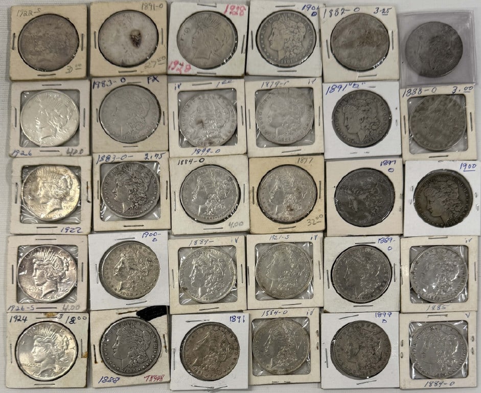 30 US SILVER DOLLARS: 24 MORGAN & 6 PEACE DOLLARS ASSORTED DATES & CONDITIONS: 30 US SILVER DOLLARS: 24 MORGAN & 6 PEACE DOLLARS ASSORTED DATES & CONDITIONS