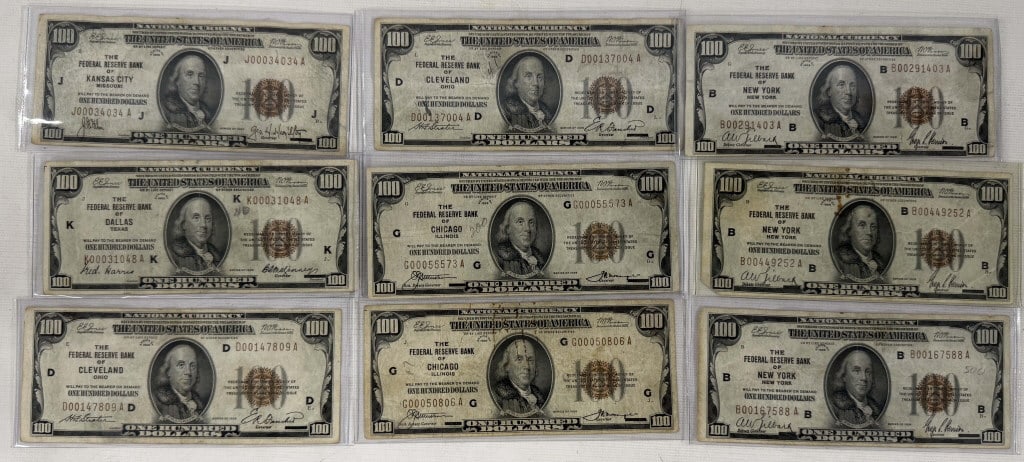 9 - 1929 NATIONAL CURRENCY $100 BILLS : 3 NY, 2 CHICAGO, 1 DALLAS, 2 CLEVELAND & 1 KANSAS CITY (1 of 11)
