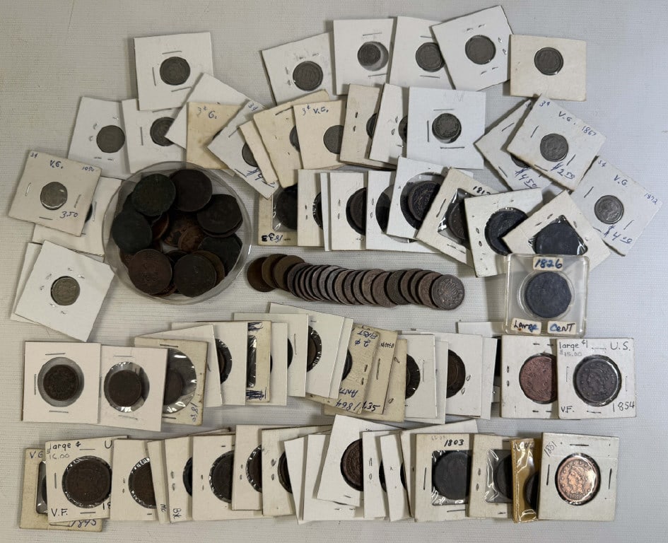 50 LARGE CENTS, ASST'D. DATES & CONDITIONS & 24- 3CENT PIECES & 39 - 2 CENT PIECES (1 of 1)