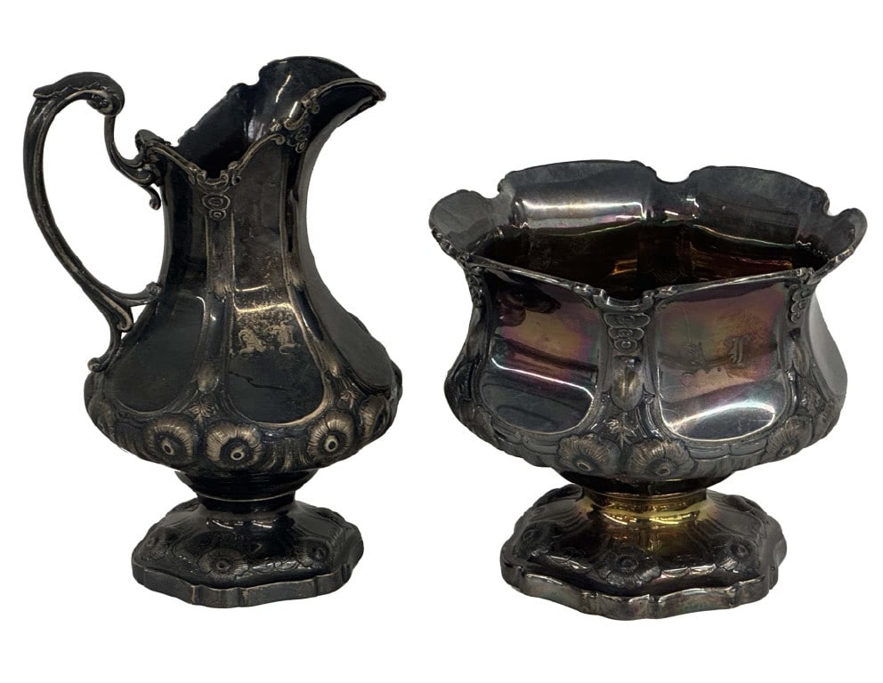 W. ADAMS NY COIN SILVER CREAM POT & SUGAR C.1840 APPROX. 25 TROY OZ (1 of 6)