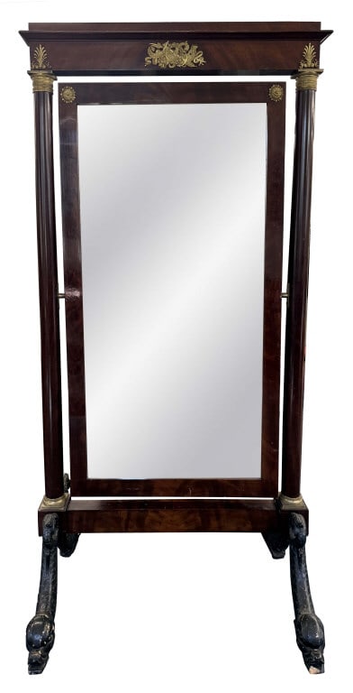 NY FEDERAL PERIOD CHEVAL MIRROR, DOLPHIN FEET ORMOLU MOUNTS & ORIGINAL BACKBOARDS, POSSIBLY LANNUIER (1 of 4)