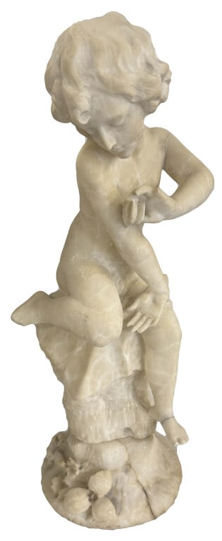 ALABASTER STATUE "CHERUB & BUTTERFLY" W/ LOSSES 23 1/2" X 9" (1 of 5)